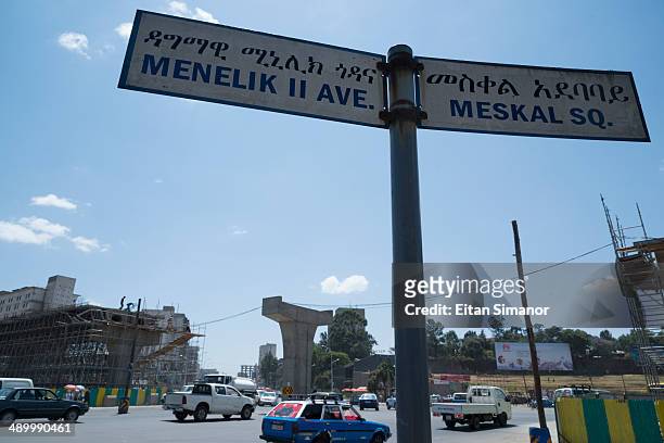 stre signs at meskal square. addis abeba. ethiopia - addis abeba bildbanksfoton och bilder