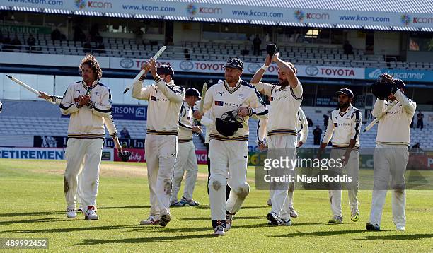 Yorkshire players salute the crowd after their LV County Championship match between Yorkshire and Sussex at Headingley on September 25, 2015 in...