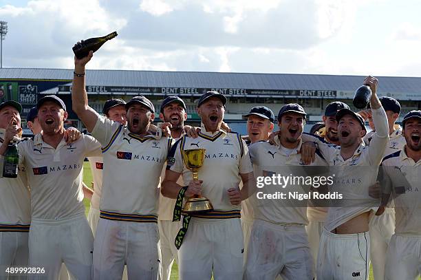 Yorkshire players react after recieving the championship trophy after their LV County Championship match between Yorkshire and Sussex at Headingley...