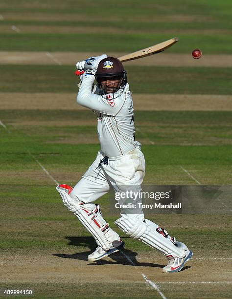 Kumar Sangakkara of Surreyhits out during the LV County Championship - Division Two match between Surrey and Northamptoshire at The Kia Oval on...