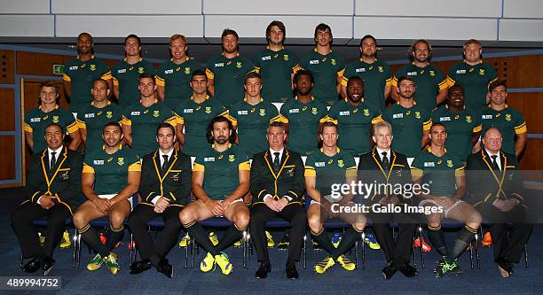 The South African national rugby union team players pose during the South African national rugby team official photograph at Regency Hyatt Birmingham...