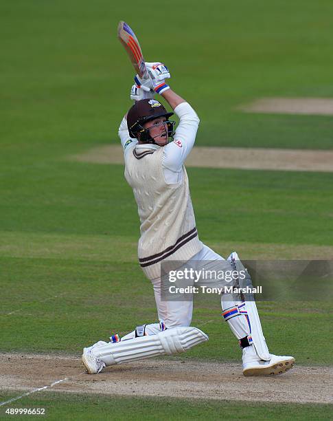 Jason Roy of Surrey hits a six during the LV County Championship - Division Two match between Surrey and Northamptoshire at The Kia Oval on September...
