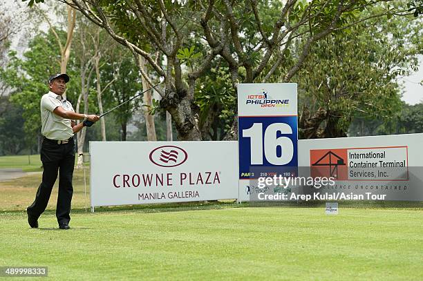 Thaworn Wiratchant of Thailand plays a shot during practice ahead of the ICTSI Philippine Open at Wack Wack Golf and Country Club on May 13, 2014 in...