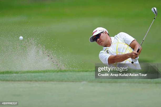 Lam Chih Bing of Singapore plays a shot during practice ahead of the ICTSI Philippine Open at Wack Wack Golf and Country Club on May 13, 2014 in...