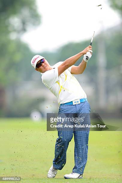 Lam Chih Bing of Singapore plays a shot during practice ahead of the ICTSI Philippine Open at Wack Wack Golf and Country Club on May 13, 2014 in...