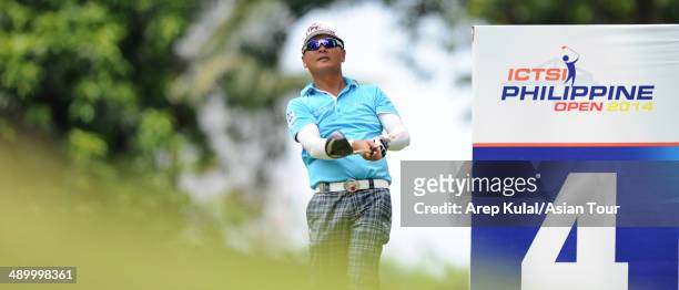 Lin Wen Tang of Chinese Taipei plays a shot during practice ahead of the ICTSI Philippine Open at Wack Wack Golf and Country Club on May 13, 2014 in...