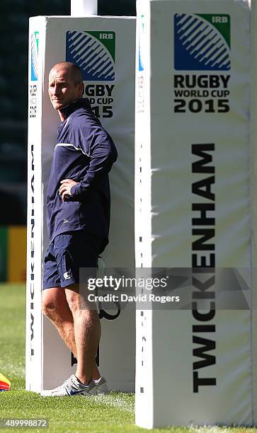 Stuart Lancaster, the England head coach looks on during the England captain's run at Twickenham Stadium on September 25, 2015 in London, England.