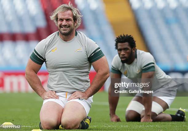 Jannie du Plessis during the South African national rugby team Captains Run at Villa Park on September 25, 2015 in Birmingham, England.