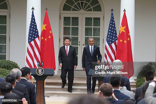 President Barack Obama and Chinese President Xi Jinping attend a joint press conference in the Rose Garden at The White House on September 25, 2015...