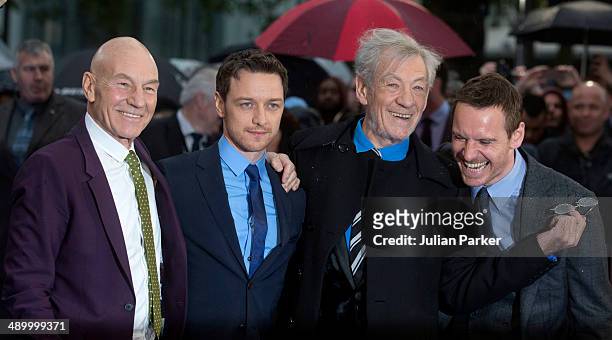 Patrick Stewart, James McAvoy, Sir Ian McKellen and Michael Fassbender attend the UK Premiere of "X-Men: Days of Future Past" at Odeon Leicester...