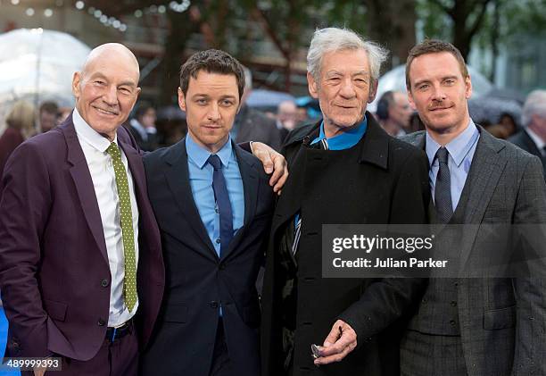 Patrick Stewart, James McAvoy, Sir Ian McKellen and Michael Fassbender attend the UK Premiere of "X-Men: Days of Future Past" at Odeon Leicester...