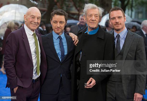 Patrick Stewart, James McAvoy, Sir Ian McKellen and Michael Fassbender attend the UK Premiere of "X-Men: Days of Future Past" at Odeon Leicester...