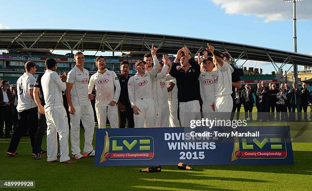 The players of Surrey winners of the Division 2 LV County Championship during the LV County Championship - Division Two match between Surrey and...