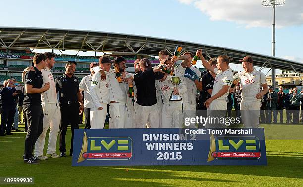 The players of Surrey winners of the Division 2 LV County Championship during the LV County Championship - Division Two match between Surrey and...