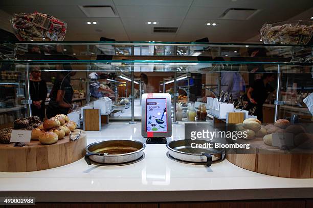 Soup pots are displayed for a employees during lunch in the cafeteria of the Societe Generale SA office in New York, U.S., on Monday, Sept. 14, 2015....