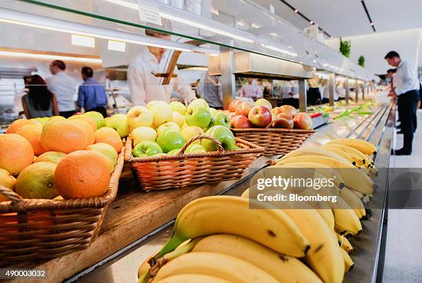 Fruit is displayed for employees during lunch in the cafeteria of the Goldman Sachs Group Inc. Office in New York, U.S., on Thursday, Sept. 10, 2015....