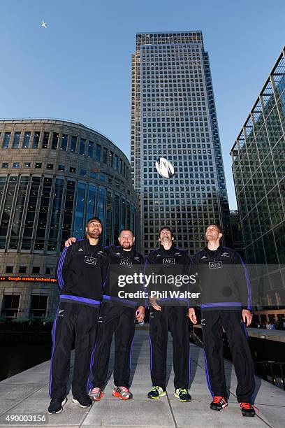 Victor Vito, Tony Woodcock of the All Blacks, Richie McCaw and Tawera KerrBarlow of the New Zealand All Blacks at Canary Wharf for an AIG Haka 360...