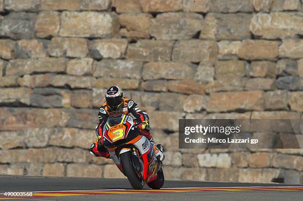 Simone Corsi of Italy and Forward Racing heads down a straight during the MotoGP of Spain - Free Practice at Motorland Aragon Circuit on September...