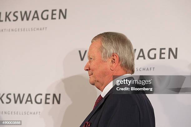 Wolfgang Porsche, chairman of Porsche SE, looks on as Matthias Mueller, not pictured, is announced as the new chief executive officer of Volkswagen...