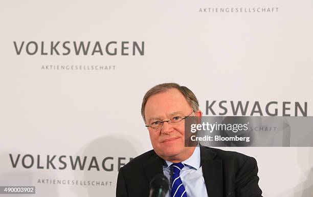 Stephan Weil, prime minister of the German state of Lower Saxony, reacts as Matthias Mueller, not pictured, is announced as the new chief executive...