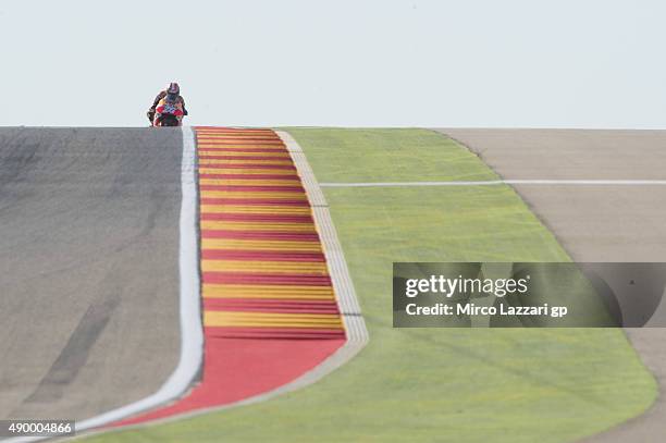 Dani Pedrosa of Spain and Repsol Honda Team heads down a straight during the MotoGP of Spain - Free Practice at Motorland Aragon Circuit on September...