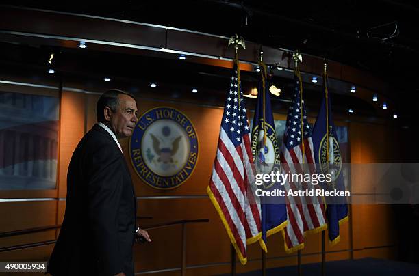 House Speaker John Boehner arrives to announce his resignation during a press conference on Capitol Hill September 25, 2015 in Washington, DC. After...