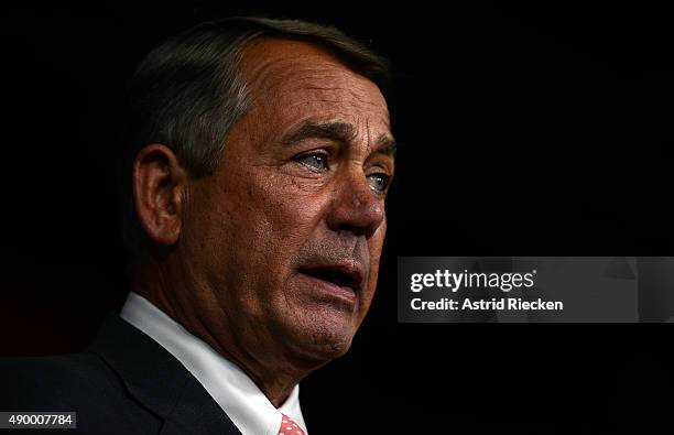 House Speaker John Boehner announces his resignation with tears in his eyes during a press conference on Capitol Hill September 25, 2015 in...