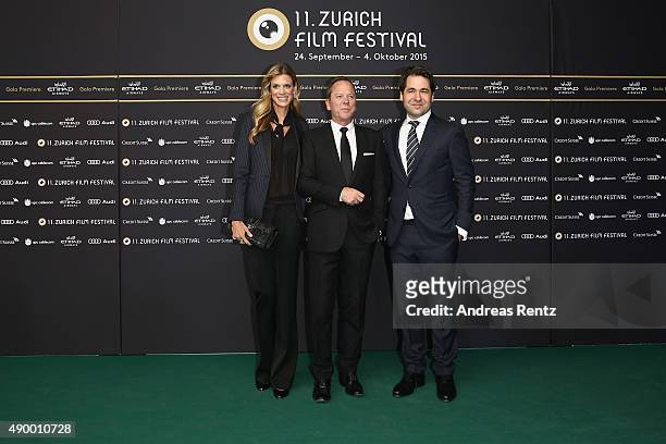 Co-Festival director Nadja Schildknecht, actor Kiefer Sutherland and co-festival director Karl Spoerri attend the 'High-Rise' Premiere during the...