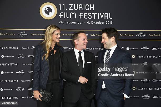 Co-Festival director Nadja Schildknecht, actor Kiefer Sutherland and co-festival director Karl Spoerri attend the 'High-Rise' Premiere during the...