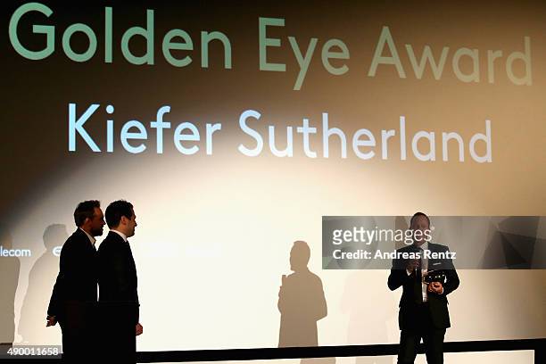 Actor Kiefer Sutherland speaks on stage after being awared with the Golden Eye ahead of 'Forsaken' Premiere during the Zurich Film Festival on...