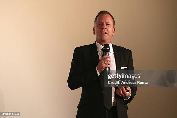 Actor Kiefer Sutherland speaks on stage after being awared with the Golden Eye ahead of 'Forsaken' Premiere during the Zurich Film Festival on...