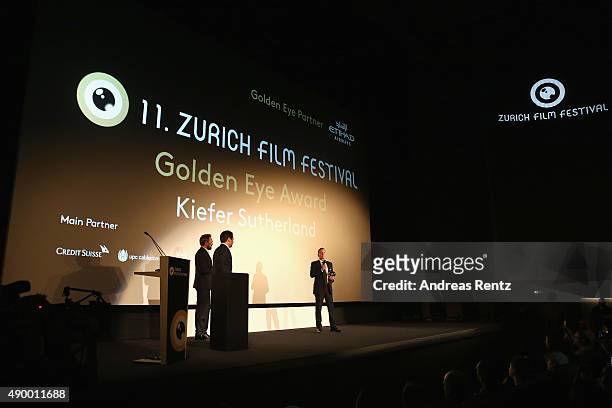 Actor Kiefer Sutherland speaks on stage after being awared with the Golden Eye ahead of 'Forsaken' Premiere during the Zurich Film Festival on...