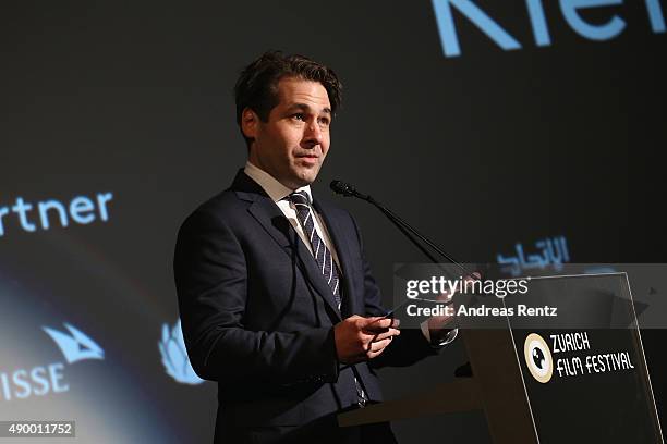 Festival director Karl Spoerri speaks onstage at the Golden Eye award for Kiefer Sutherland ahead of the 'Forsaken' Premiere during the Zurich Film...