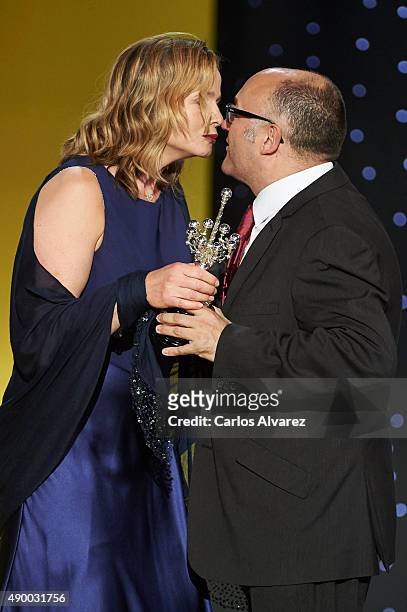 Actress Emily Watson receives from Jose Luis Rebordinos the Donostia Award 2015 during 63rd San Sebastian International Film Festival at the Kursaal...