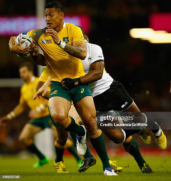 Israel Folau of Australia in action during the 2015 Rugby World Cup Pool A match between Australia and Fiji at Millennium Stadium on September 23,...