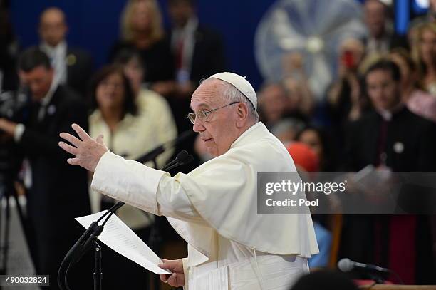 Pope Francis speaks at Our Lady Queen of Angels School in East Harlem, September 25, 2015 in New York City. Pope Francis is on a six-day trip to the...