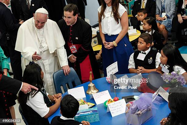 Pope Francis visits Our Lady Queen of Angels School September 21, 2015 in the East Harlem neighborhood of New York City. The pope is in New York on a...