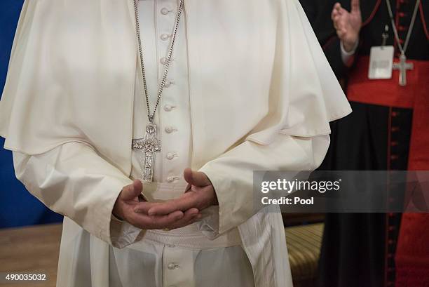 Pope Francis leads a prayer inside Our Lady Queen of Angels School September 25, 2015 in the East Harlem neighborhood of New York City. Pope Francis...