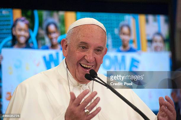 Pope Francis delivers remarks inside Our Lady Queen of Angels School September 25, 2015 in the East Harlem neighborhood of New York City. Pope...