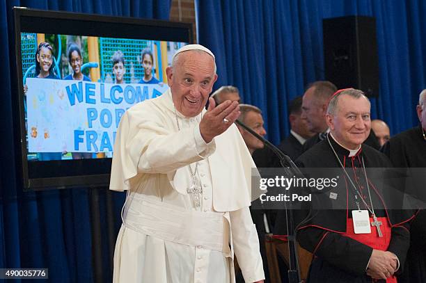 Pope Francis delivers remarks inside Our Lady Queen of Angels School September 25, 2015 in the East Harlem neighborhood of New York City. Pope...