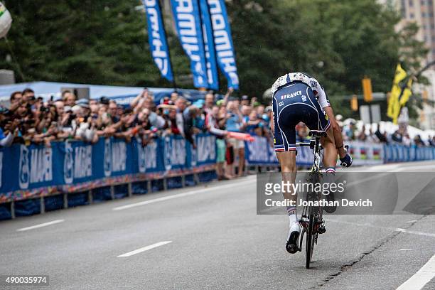 Kevin LeDanois riding for the French National Team sprints out of the final corner on the way to his win in the UCI Road World Championships on...