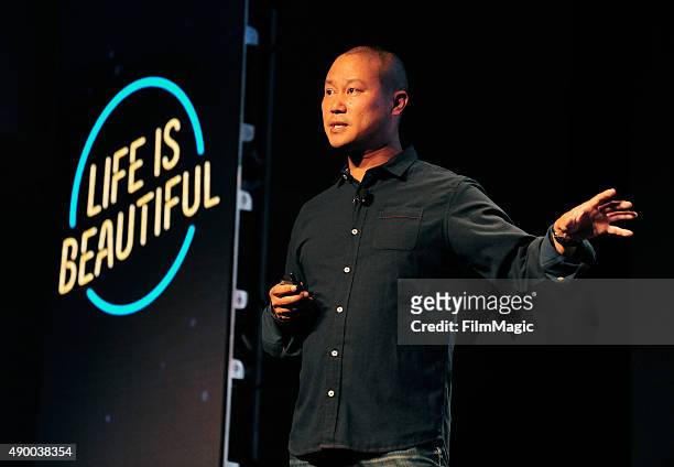 Zappos CEO Tony Hsieh speaks onstage during day 1 of the 2015 Life is Beautiful festival on September 25, 2015 in Las Vegas, Nevada.