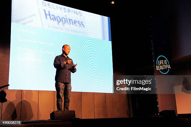 Zappos CEO Tony Hsieh speaks onstage during day 1 of the 2015 Life is Beautiful festival on September 25, 2015 in Las Vegas, Nevada.