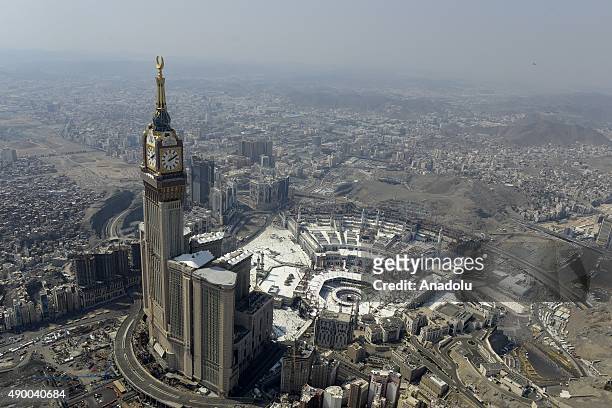 An aerial view shows the Clock Tower and the Grand Mosque in Saudi Arabia's holy Muslim city of Mecca on September 25, 2015.
