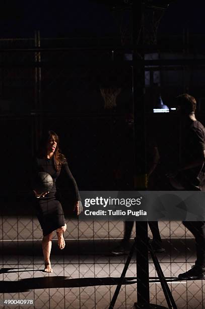 Michelle Rodrigues plays basketball during the Givenchy #GRTmilano17 party during the Milan Fashion Week Spring/Summer 2016 on September 25, 2015 in...