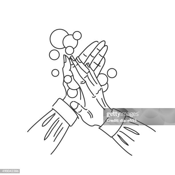 line-art sketch washing hands with soap bubbles isolated on white - soap bubble white background stock illustrations