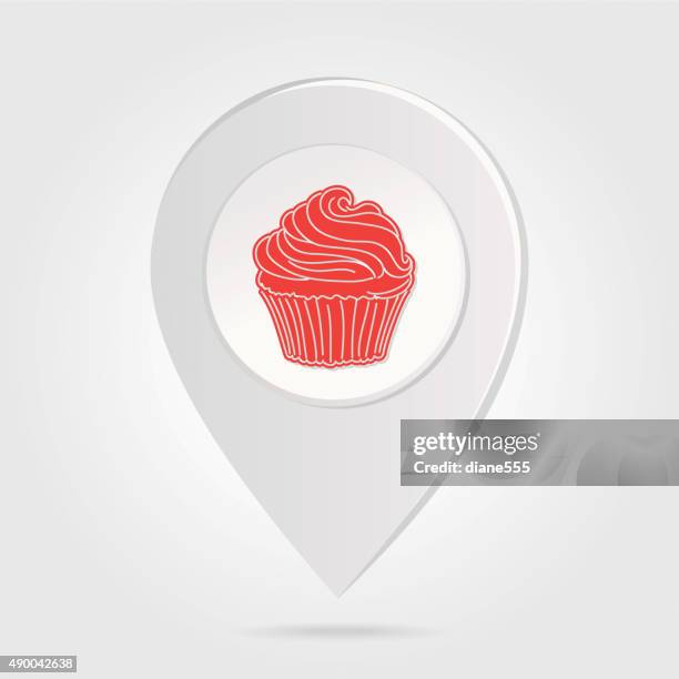 map marker pin red cupcake silhouette on round icon button - cup cake silhouette stock illustrations