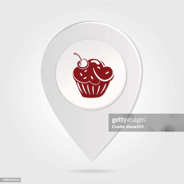 map marker pin red cupcake silhouette on round icon button - cup cake silhouette stock illustrations