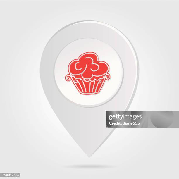 map marker pin red cupcake silhouette on round icon button - cup cake silhouette stock illustrations