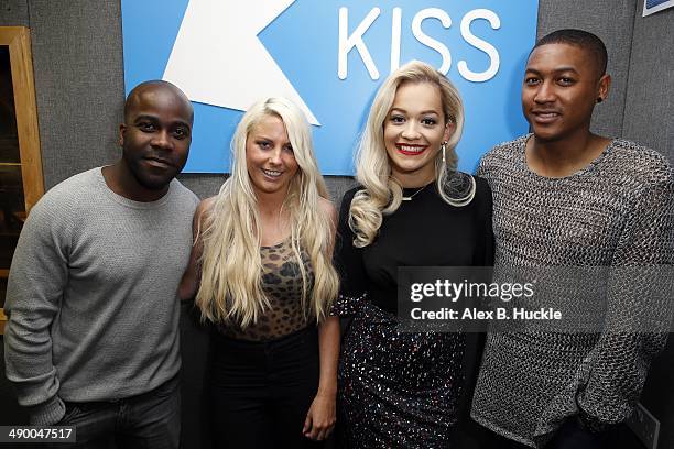 Melivin O'Doom, Charlie Hedges, Rita Ora and Rickie Haywood-Williams at Kiss FM Studio's on May 13, 2014 in London, England.